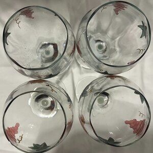 4 WINE GLASSES WRAPPED AROUND W/ENGRAVED & PAINTED  PURPLE GRAPES & GREEN LEAVES